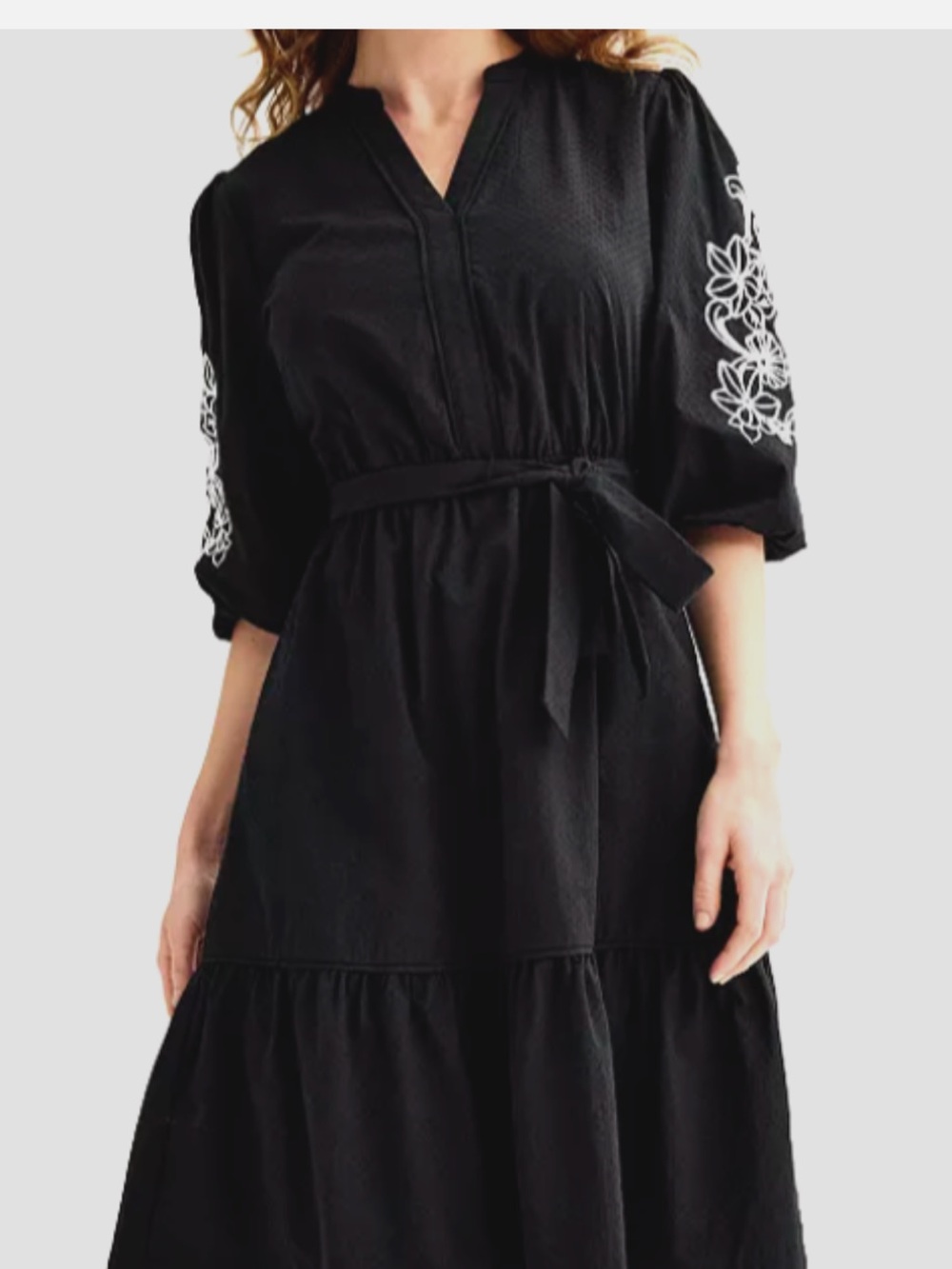 Draper James Black Midi Dress with White Sleeve Embroidery